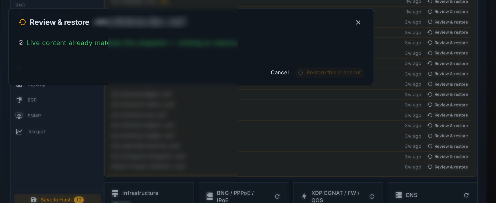 A review and restore dialog for a configuration file, reporting that live content already matches this snapshot so there is nothing to restore, with the restore button disabled.