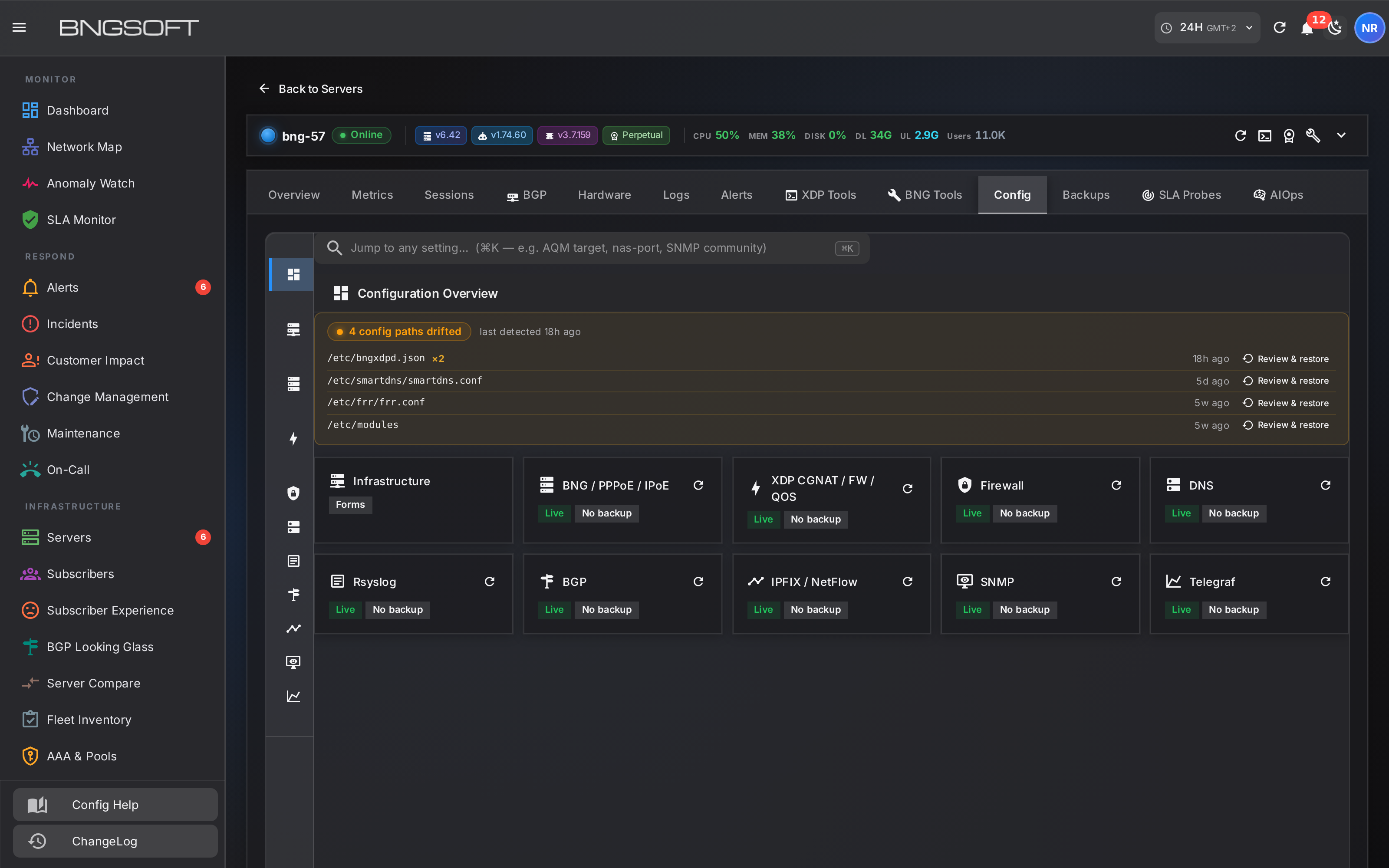 Gateway config tab: sectioned configuration editor with saved state and version history